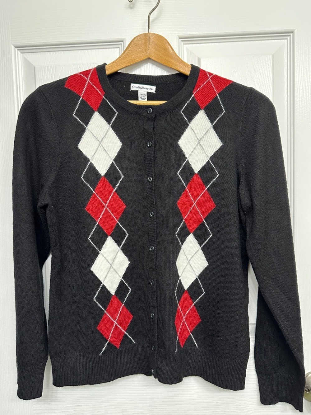 Croft & Barrow Black Sweater with Red & Black Diamond Print Petite Medium
